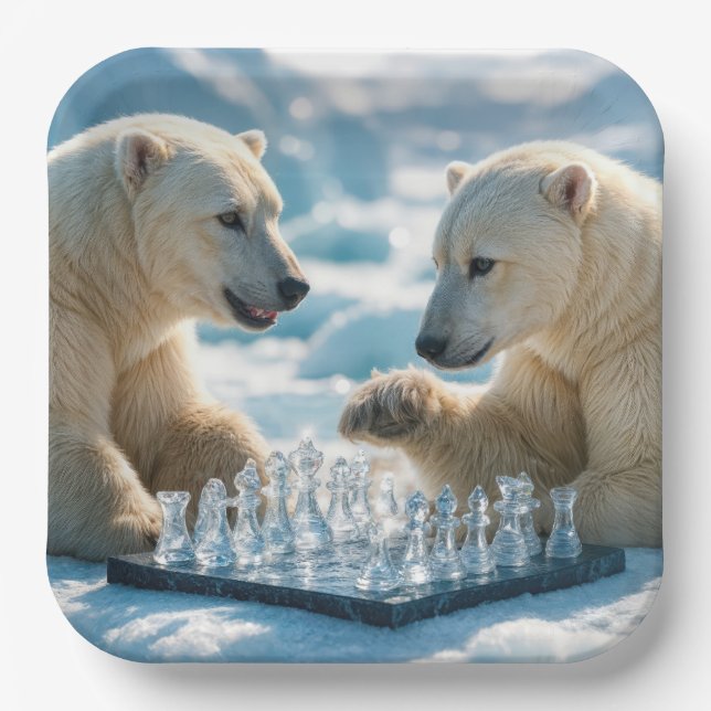 Polar Bears Playing Chess On a Glacier Paper Plate (Front)