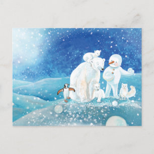 Polar Bears, Polar Fox, Emperor penguin & Snowman  Postcard