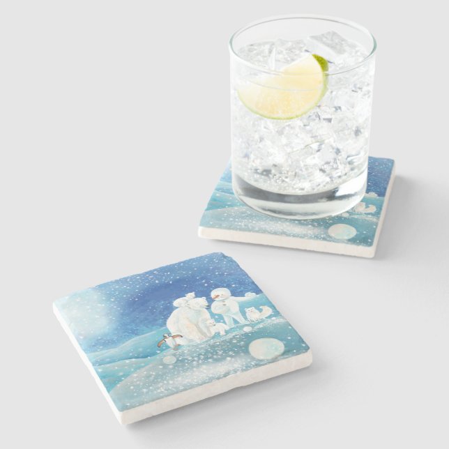 Polar Bears, Polar Fox, Emperor penguin & Snowman  Stone Coaster (Side)