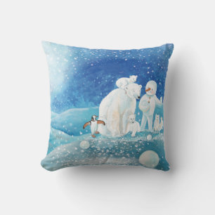 Polar Bears, Polar Fox, Emperor penguin & Snowman  Throw Pillow