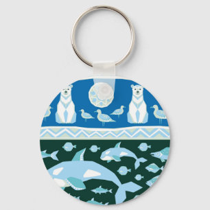 Polar bears whales fish seagulls pattern keychain