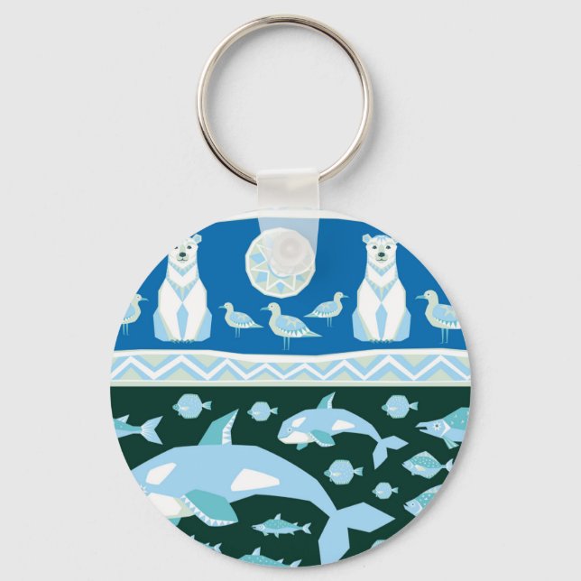 Polar bears whales fish seagulls pattern keychain (Front)