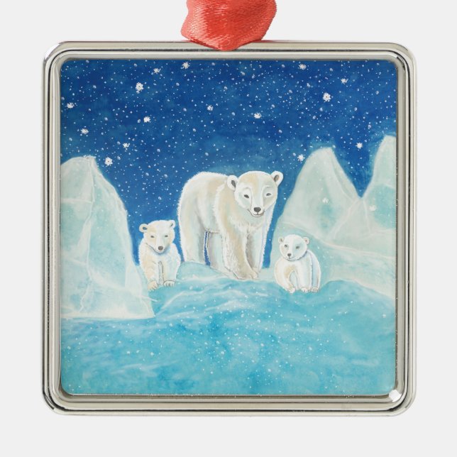 Polar Bears & Winter Landscape Metal Ornament (Front)