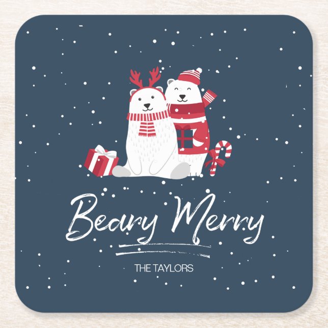 Polar Beary Merry Christmas ID851 Square Paper Coaster (Front)