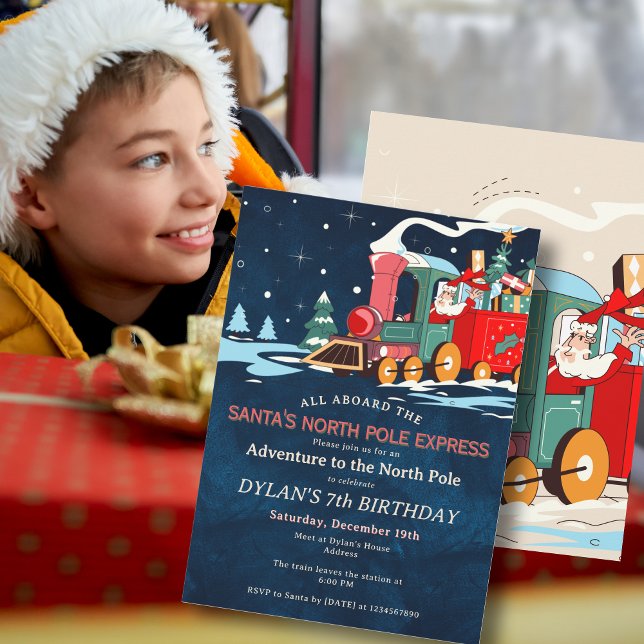 Polar Express Train Adventure Kids Birthday Party Invitation (Santa's Polar Express Train Kids Birthday Party North Pole Adventure Sleepover Invitation)