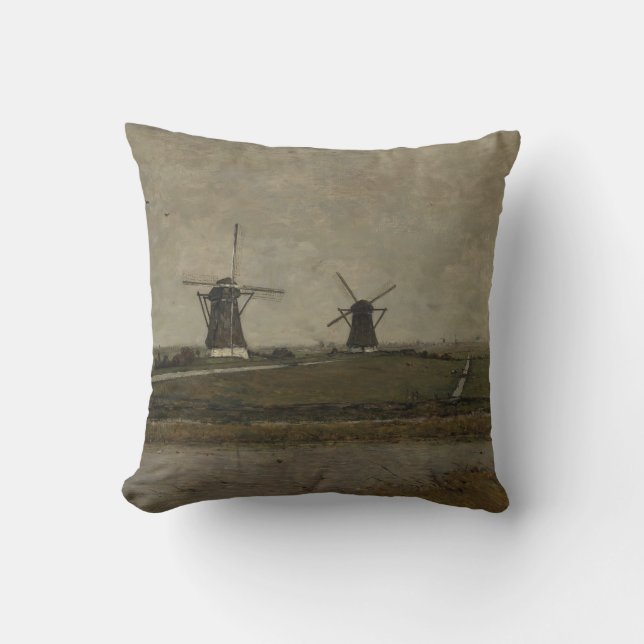 Polder with Mills near Overschie  Throw Pillow (Front)