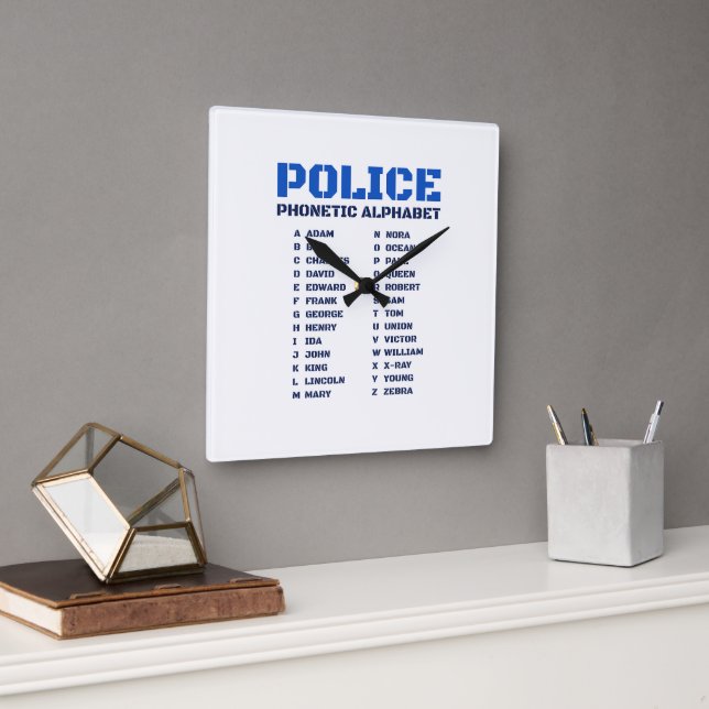 Police A to Z Alphabet Square Wall Clock (Office)
