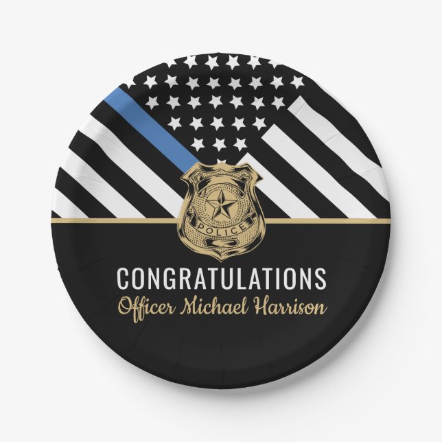 Police Academy Graduation Blue Line Congratulation Paper Plate (Front)