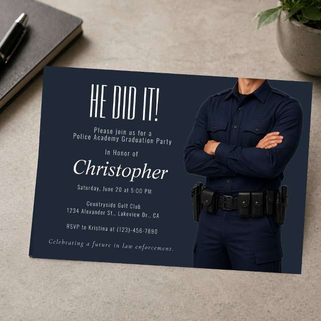 Police Academy Graduation Party Invite (Police academy graduation party invitation with modern navy masculine design)