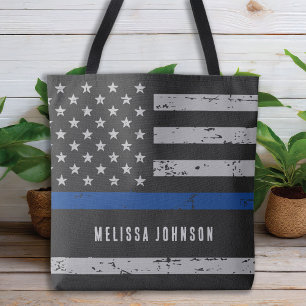 Police American Flag Thin Blue Line Tote Bag
