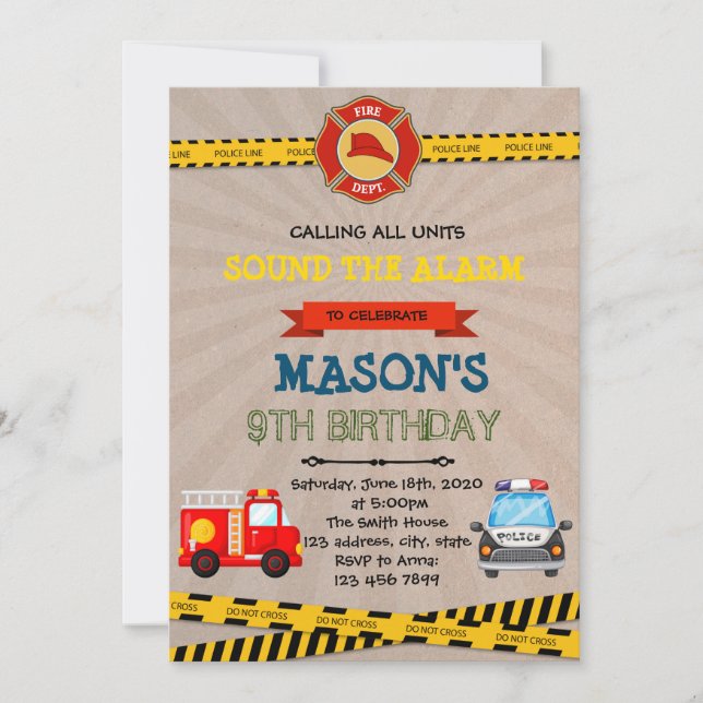 Police and firefighter theme party invitation (Front)