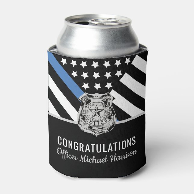 Police Badge Thin Blue Line Academy Graduation Can Cooler (Can Front)