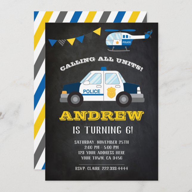 Police Birthday Invitation Chalkboard (Front/Back)