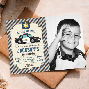 Police Birthday Photo Invitation Retro Police Car