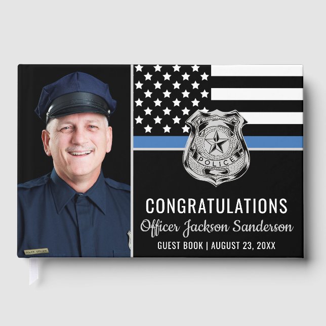 Police Blue Line Flag Congrats Photo Retirement Guest Book (Front)