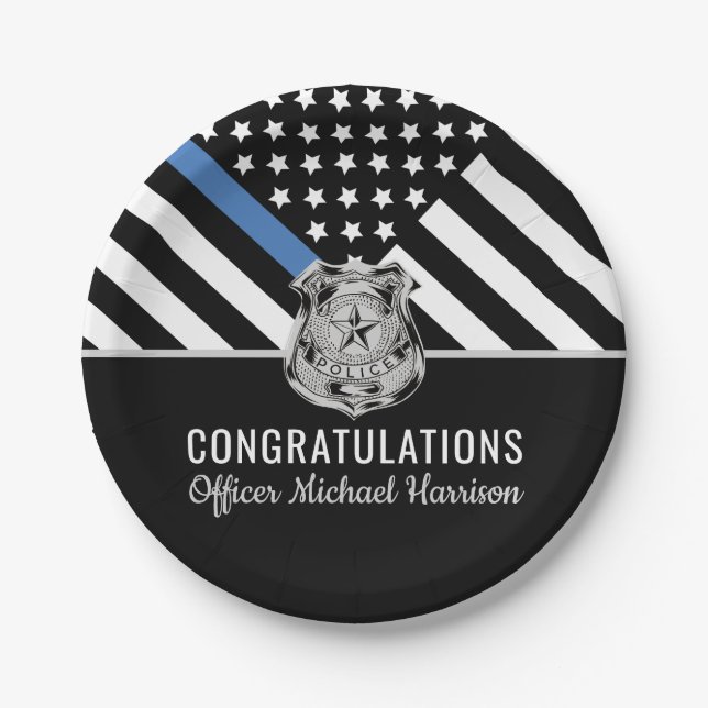 Police Blue Line Flag Congratulations Graduation Paper Plate (Front)