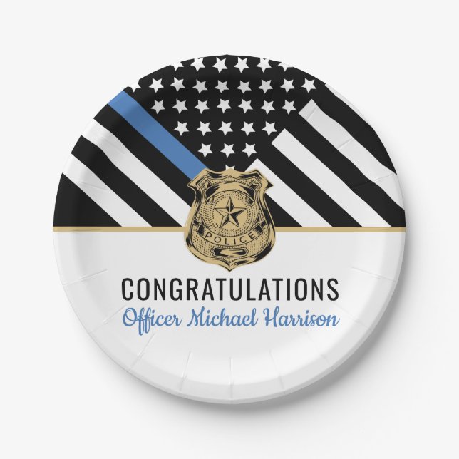 Police Blue Line Flag Congratulations Graduation Paper Plate (Front)