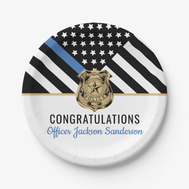 Police Blue Line Flag Congratulations Retirement Paper Plate (Front)