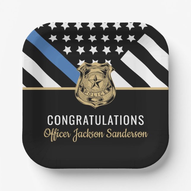 Police Blue Line Flag Congratulations Retirement Paper Plate (Front)