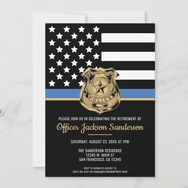 Police Blue Line Flag Law Enforcement Retirement Invitation (Front)