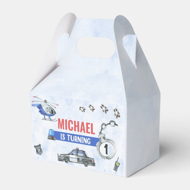 Police Boy 1st Birthday Party Favor Box (Front Side)