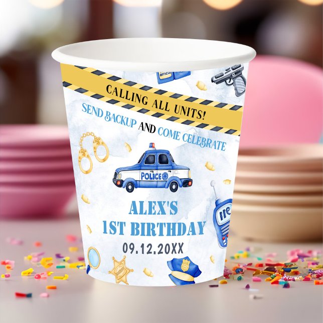 Police Boy 1st Birthday Party Paper Cups (Creator Uploaded)