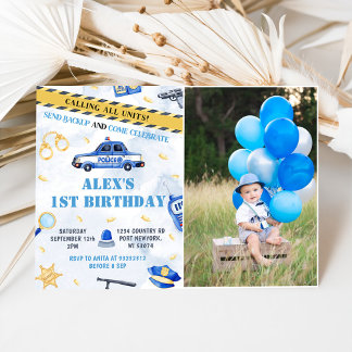 Police Boy 1st Birthday Party Photo Invitation