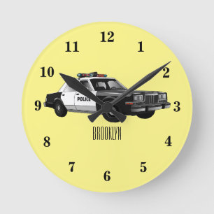 Police car cartoon illustration round clock