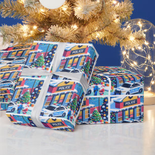 Police Car Policeman Santa and Christmas Tree Wrapping Paper