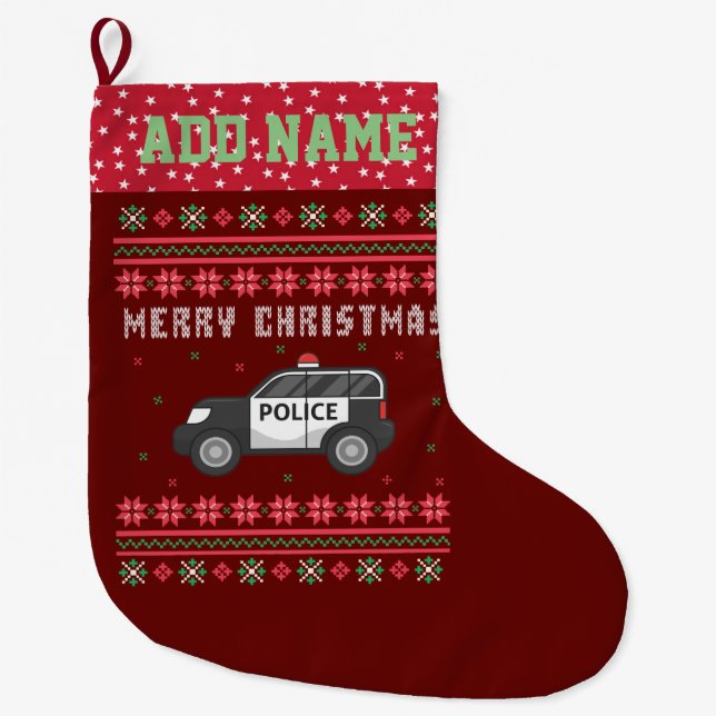 Police Car Ugly Christmas Sweater Large Christmas Stocking (Front)