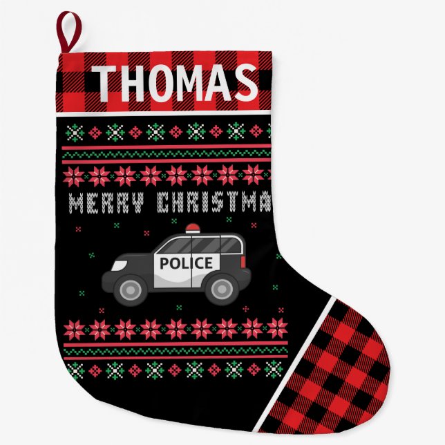 Police Car Ugly Christmas Sweater Red Plaid Large Christmas Stocking (Front)