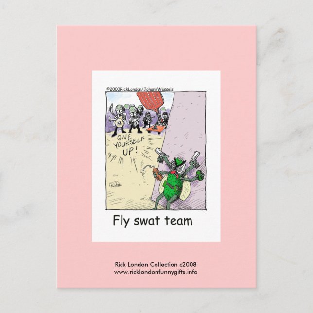 Police Cartoon Fly Swat Team On A Postcard (Front)