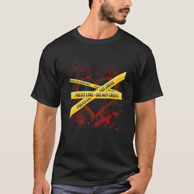Police caution tape blood spatter heart valentines T-Shirt (Front)