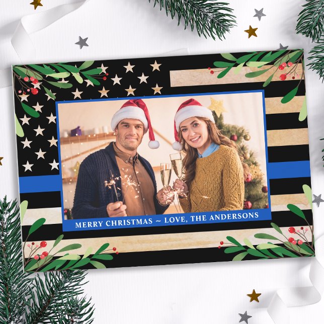 Police Christmas Custom Photo Blue American Flag Holiday Card (Creator Uploaded)