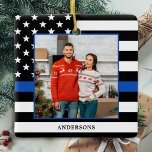 Police Christmas Custom Photo Thin Blue Line Ceramic Ornament<br><div class="desc">Thin Blue Line Christmas Ornament. This police christmas ornament will be a treasured keepsake. Ornament is double sided, you can do 2 favourite photos, one on each side. Perfect for police officers, police family and law enforcement. Personalize name on the front, and date on the back. COPYRIGHT © 2020 Judy...</div>