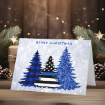 Police Christmas Glitter Plaid Thin Blue Line Tree Holiday Card<br><div class="desc">Send Merry Christmas greetings to friends and family with this Unique Police Christmas Card - Thin Blue Line, black and blue plaid and blue glitter trees on a silver snow glitter background design . Personalize with message and family name.. This police Christmas card is perfect for police families or police...</div>