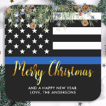 Police Christmas Law Enforcement Thin Blue Line Square Sticker<br><div class="desc">Send Merry Christmas greetings to friends, family, fellow law enforcement departments and your community with this unique Thin Blue Line Police Merry Christmas sticker - American Flag in police flag colours, modern black and blue with holly leaves and berries and elegant gold script. Personalize with your message and family name...</div>