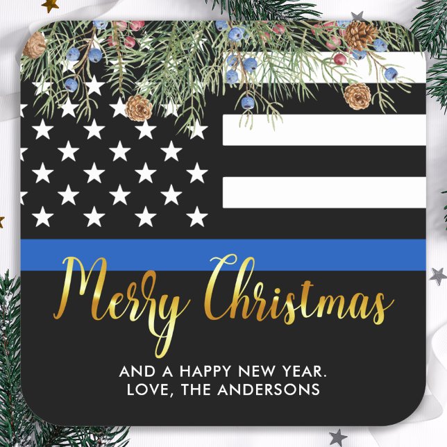 Police Christmas Law Enforcement Thin Blue Line Square Sticker (Creator Uploaded)