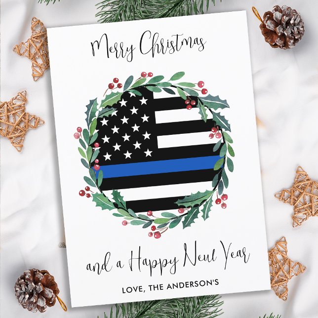 Police Christmas Thin Blue Line Flag Wreath Holiday Card (Creator Uploaded)