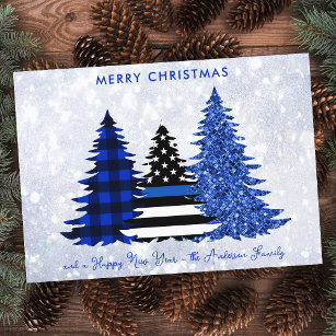 Police Christmas Thin Blue Line Glitter Plaid Tree Holiday Card