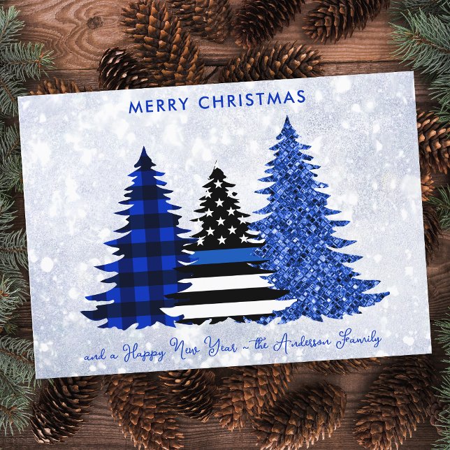 Police Christmas Thin Blue Line Glitter Plaid Tree Holiday Card (Creator Uploaded)