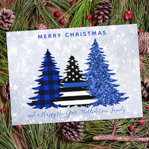 Police Christmas Thin Blue Line Plaid Glitter Tree Holiday Card