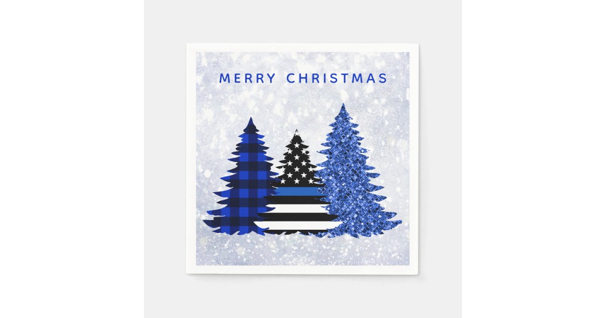 Police Christmas Thin Blue Line Plaid Glitter Tree Napkin Zazzle