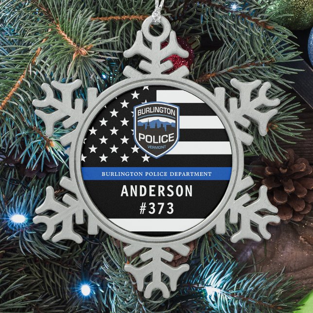 Police Department Custom Logo Blue Law Enforcement Snowflake Pewter Christmas Ornament (Creator Uploaded)