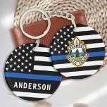 Police Department Custom Logo Name Law Enforcement Keychain<br><div class="desc">Thin Blue Line Police Department Keychain - American flag in Police Flag colours, modern black and blue design . Customize with your department logo, and personalize with police officers name. This personalized law enforcement keychain is perfect for police departments and law enforcement officers, promotional ideas, or gifts to your police...</div>