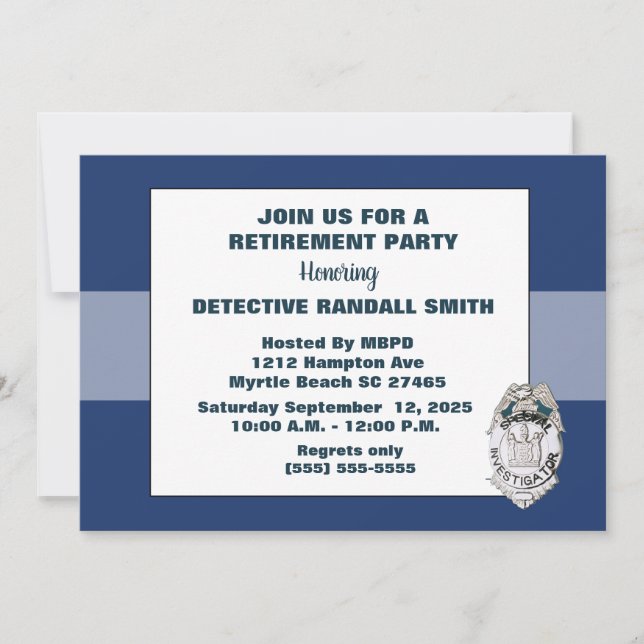 Police Detective Retirement Blue Invitation (Front)