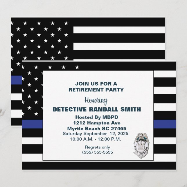 Police Detective Retirement Blue Line Flag Invitation (Front/Back)