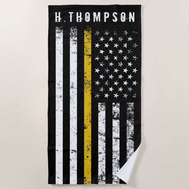 Police Dispatcher | Thin Gold Line Flag Custom Beach Towel (Front)