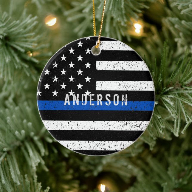 Police distressed Thin Blue Line with name Ceramic Ornament (Tree)