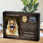 Police Dog Retirement Appreciation K9 Officer Wooden Box Sign<br><div class="desc">Honour your best partner and police dog for his dedicated years of service with this Thin Blue Line Police Dog Retirement Appreciation Photo plaque wooden box sign. Personalize with your police K9 officer's photo, name, personal message, service dates and service years. Also personalize with badge, department logo or seal. Perfect...</div>